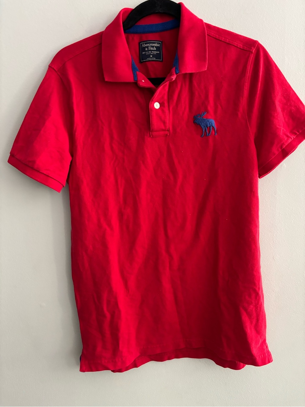 Abercrombie & Fitch Red Polo with Blue Moose Logo Size Medium Cotton Blend